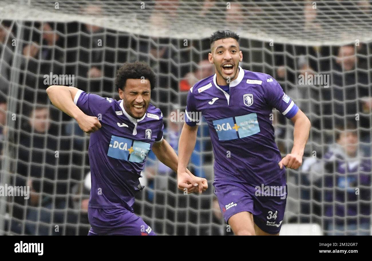 Beerschot's Tarik Tissoudali celebrates after scoring during a soccer