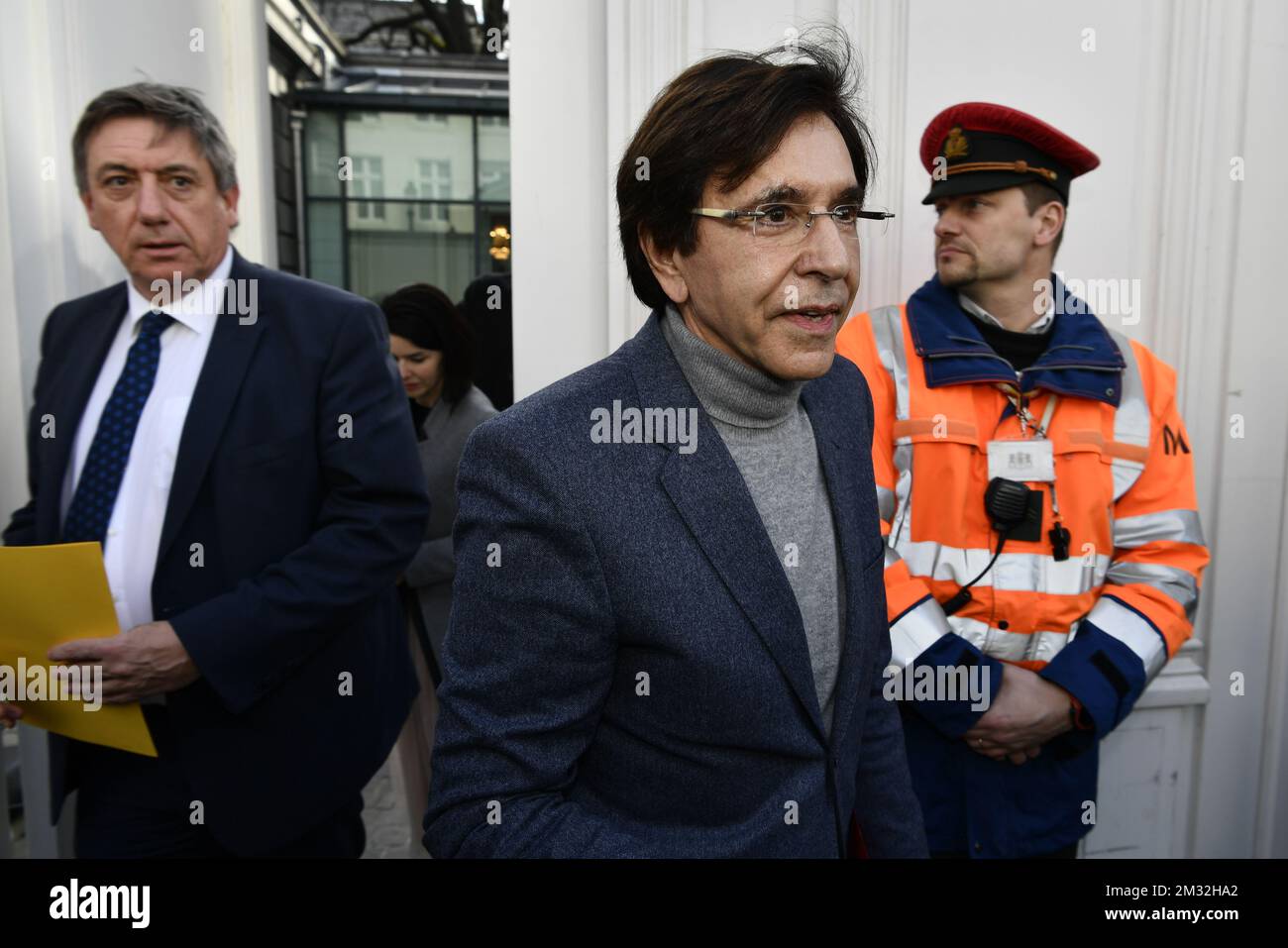 Flemish Minister President Jan Jambon and Walloon Minister President Elio Di Rupo leave after a meeting of the consultative committee with ministers of the Federal government, the regional governments and the community governments, in Brussels, Monday 09 March 2020. This meeting with the different governments is called when matters involving multiple levels are discussed. From today we have 239 persons with Covid-19 in Belgium. BELGA PHOTO ERIC LALMAND  Stock Photo