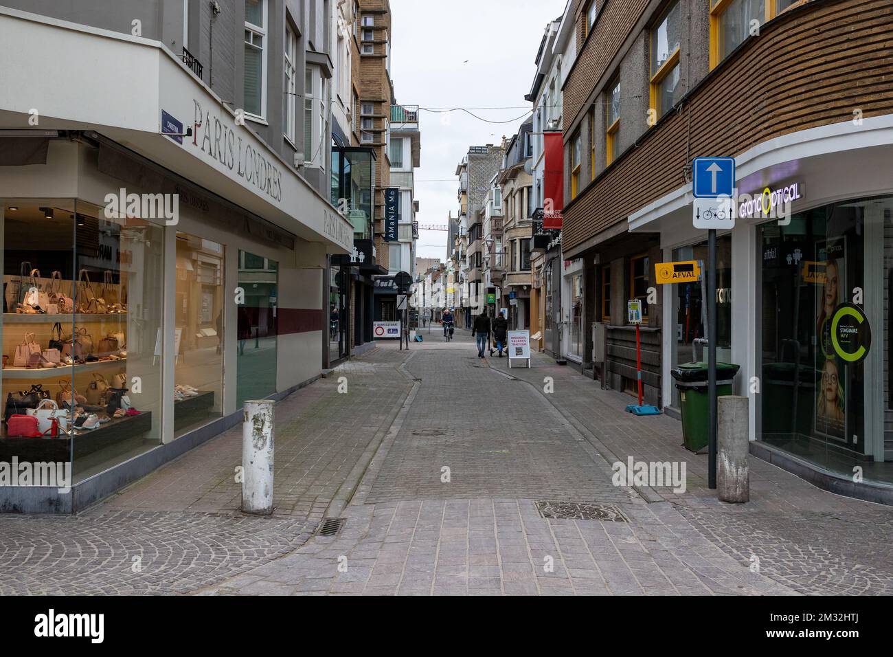 Illustration picture shows an empty shopping street in Oostende, Sunday 15 March 2020. Thursday evening the federal government announced drastic measures to stop the spreading of Covid-19. Restaurants and cafes are closed, only shops selling food are open, school lessons will be suspended from Monday. BELGA PHOTO KURT DESPLENTER Stock Photo