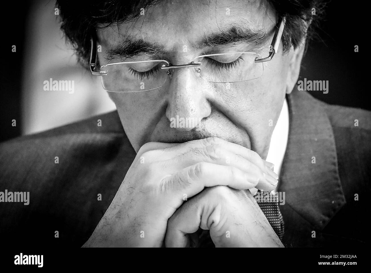 Walloon Minister President Elio Di Rupo pictured during a press conference after a meeting of the Walloon government on the Covid-19 pandemic at the Elysette in Namur, Wednesday 18 March 2020. BELGA PHOTO BRUNO FAHY Stock Photo