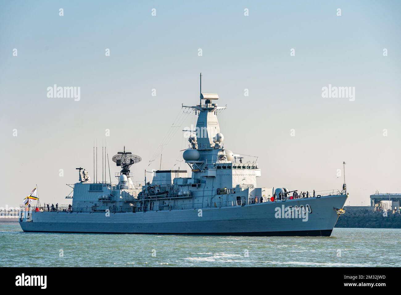 ATTENTION EDITORS - HAND OUT PICTURES - EDITORIAL USE ONLY - MANDATORY CREDIT HANDOUT DEFENSIE - DEFENCE TBN JORN URBAIN Illustration picture shows the arrival of Belgian frigate Leopold 1 in Zeebrugge, Friday 27 March 2020. One of the sailors on the frigate has a confirmed Corona virus infection and has left the ship earlier. Due to the strict measures following such an infection, the ship has returned earlier from its mission and all non-infected sailors must now stay in home quarantine. BELGA PHOTO HANDOUT DEFENSIE - DEFENCE TBN JORN URBAIN  Stock Photo