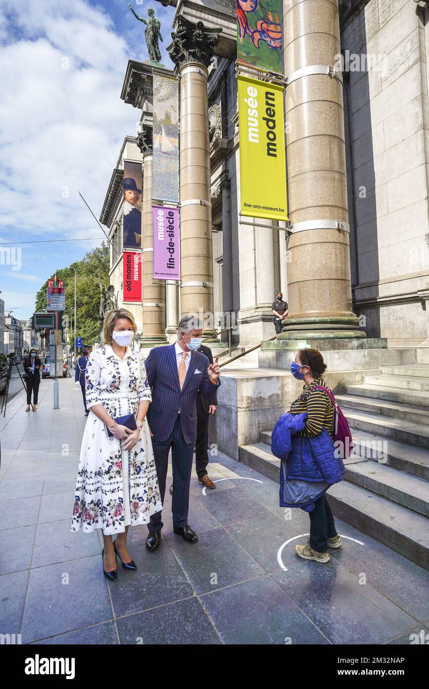 Queen Mathilde of Belgium and King Philippe - Filip of Belgium pictured during a royal visit to a permanent collection of the Old Masters Museum which is part of the Royal Museums of Fine Arts of Belgium, Tuesday 19 May 2020. As from May 18th, Belgium enters the phase two in the Exit Strategy, museums can open respecting special conditions. BELGA PHOTO POOL DIANA LE LARDIC  Stock Photo