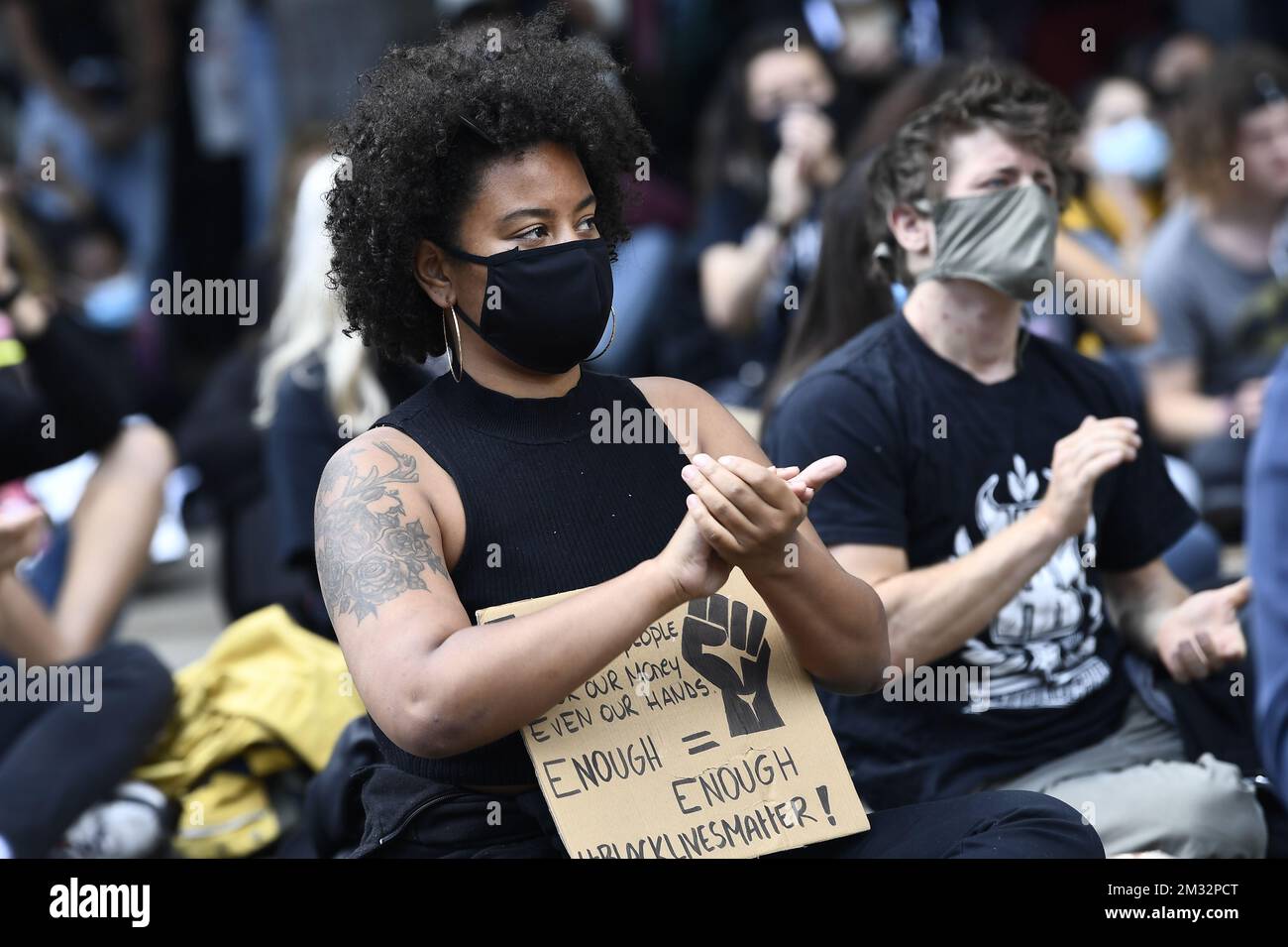 Protesters pictured during an anti-racism protest, part of the Black Lives Matter protests, in Antwerp, Sunday 07 June 2020. Accross Belgium, several BLM - protests are organised, in support of the protests and anti-racism movement in the USA, following the death of George Floyd, an innocent black man killed by a white police officer. BELGA PHOTO DIRK WAEM  Stock Photo