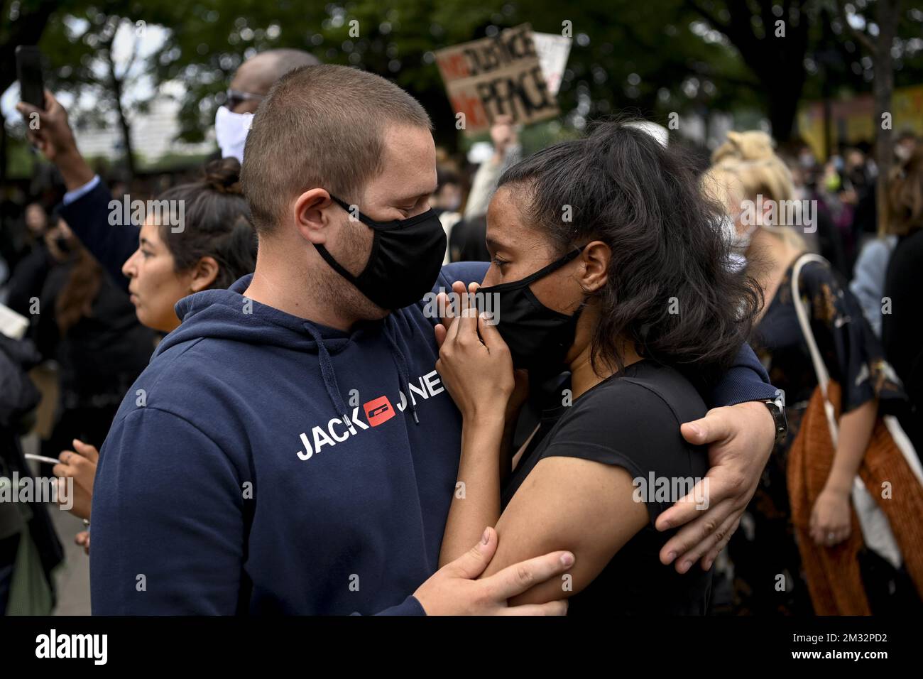 Protesters pictured during an anti-racism protest, part of the Black Lives Matter protests, in Antwerp, Sunday 07 June 2020. Accross Belgium, several BLM - protests are organised, in support of the protests and anti-racism movement in the USA, following the death of George Floyd, an innocent black man killed by a white police officer. BELGA PHOTO DIRK WAEM Stock Photo