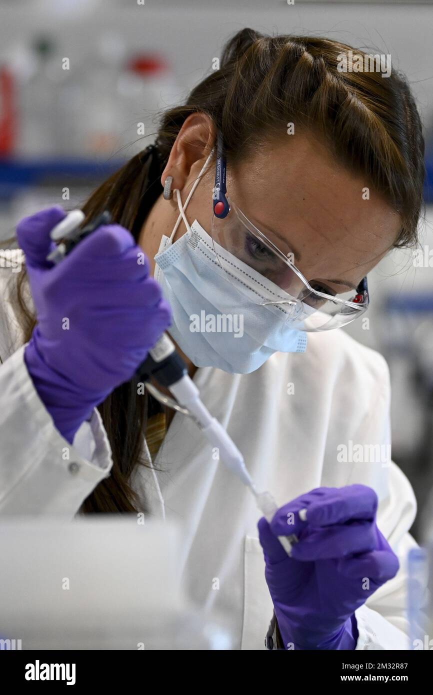 A laboratory analyst pictured in action at the headquarters of the 'Janssen Pharmaceutica' pharmaceutical company in Beerse, Wednesday 17 June 2020. BELGA PHOTO DIRK WAEM Stock Photo