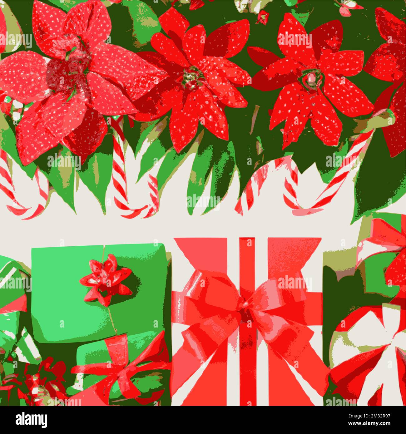 Holiday gift packages, wrapped with ribbons and bows. poinsettia, candy cane, green and red overhead group. Stock Vector