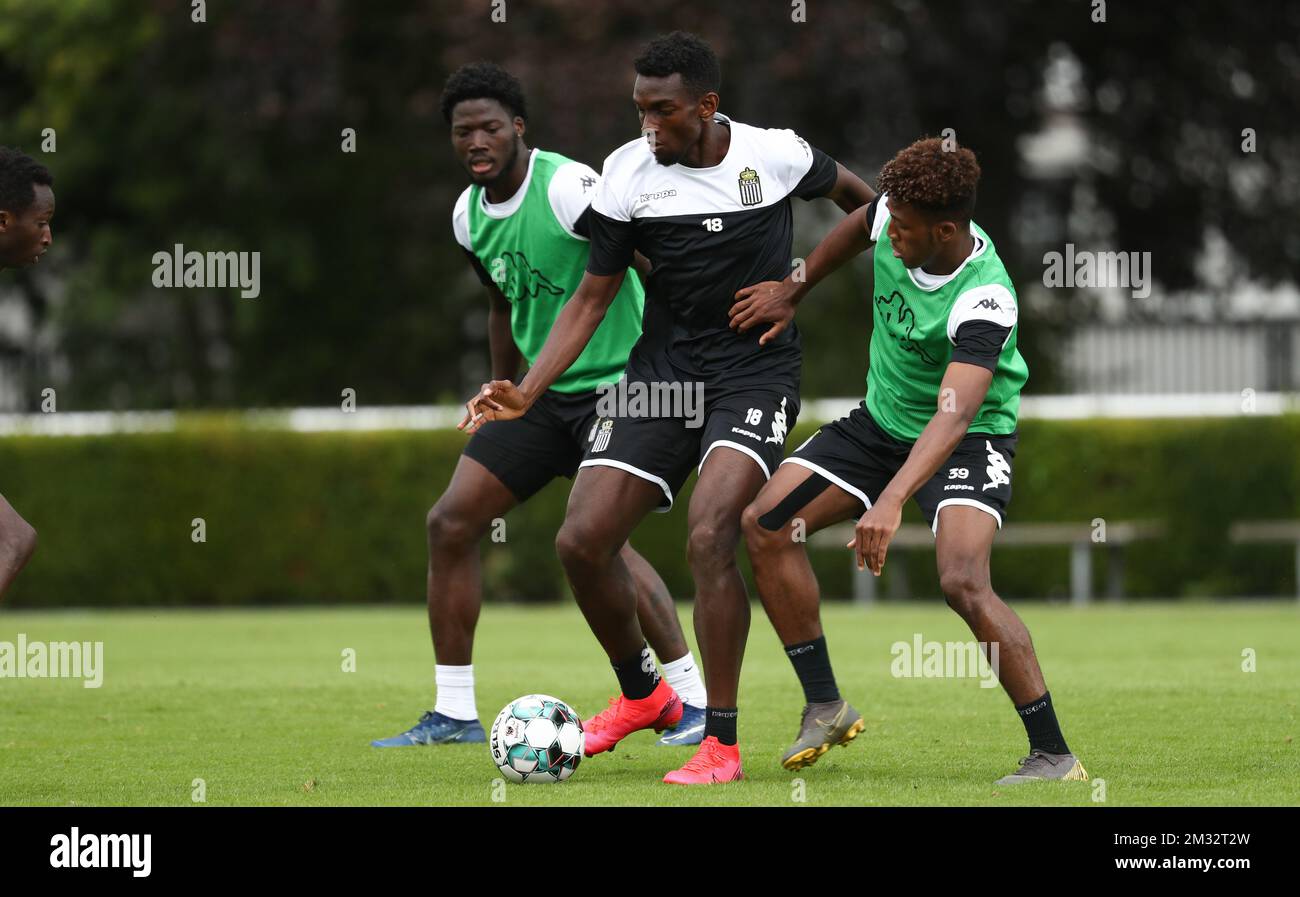 Charleroi's Frank Tsadjout and Charleroi's Jackson Tchatchoua fight for the ball during the third day of the summer training camp of Belgian first division soccer team Sporting Charleroi, in Kamen, Germany, Tuesday 30 June 2020. BELGA PHOTO VIRGINIE LEFOUR Stock Photo