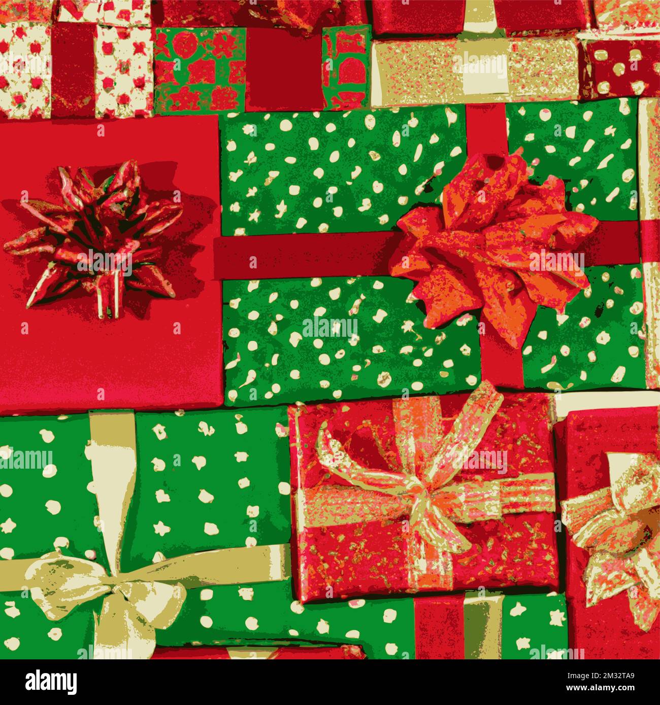Holiday gift packages, wrapped with ribbons and bows. Background with colorful decorated gift boxes. Stock Vector