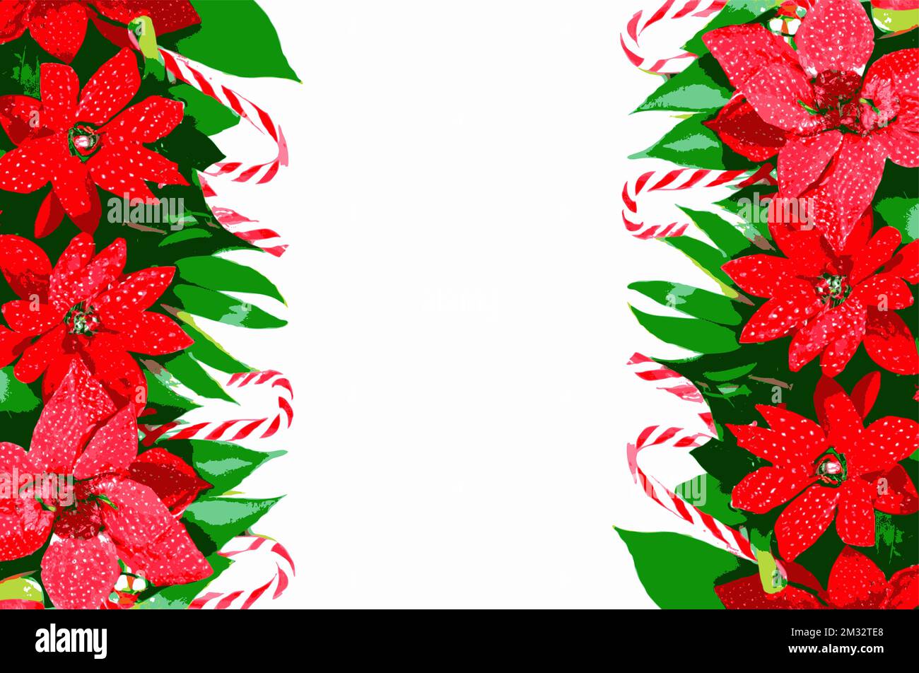Poinsettia and candy cane background with copy space. Holiday and Christmas seasonal illustration copy space in the center. Stock Vector