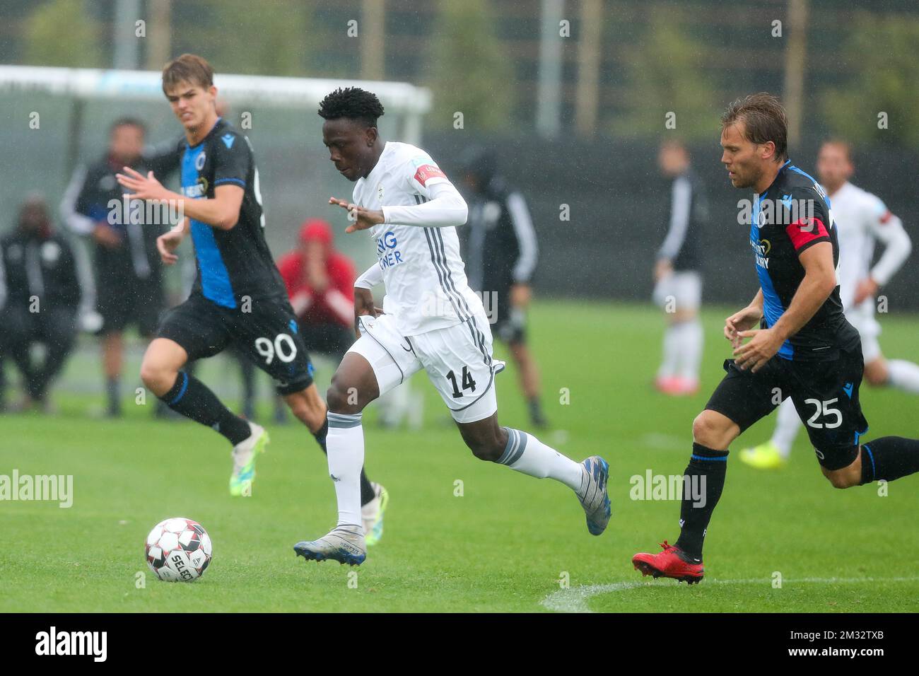 OHL's Kamal Sowah and Club's Ruud Vormer fight for the ball during a friendly game between first league team Club Brugge and 1B team OH Leuven, Saturday 04 July 2020 in Westkapelle, in preparation of the upcoming 2020-2021 Jupiler Pro League season. BELGA PHOTO BRUNO FAHY Stock Photo