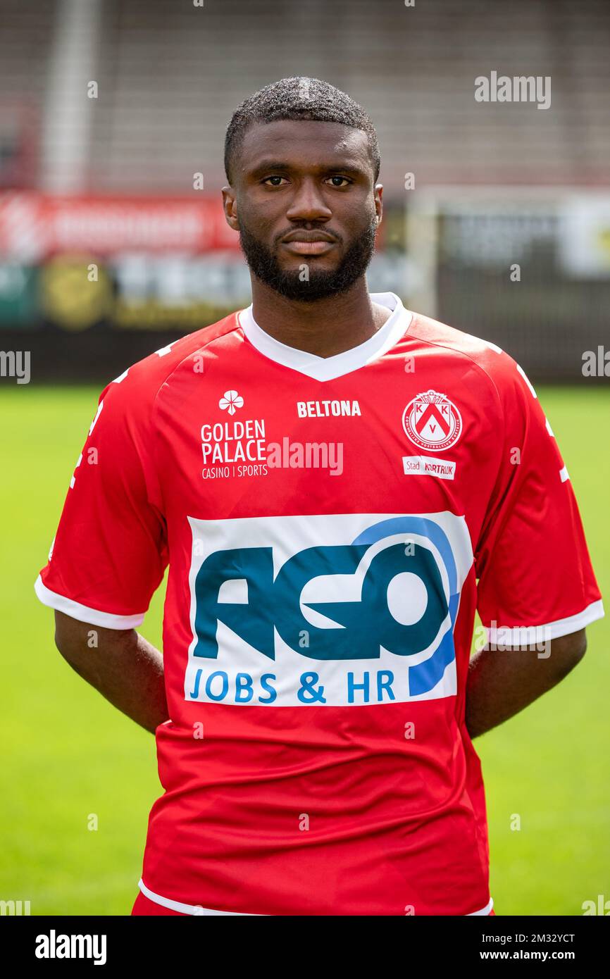 Kortrijk's Teren Moffi poses for the photographer, in marge of the 2020-2021 photoshoot of Belgian Jupiler Pro League club KV Kortrijk, Tuesday 28 July 2020 in Kortrijk. BELGA PHOTO KURT DESPLENTER Stock Photo