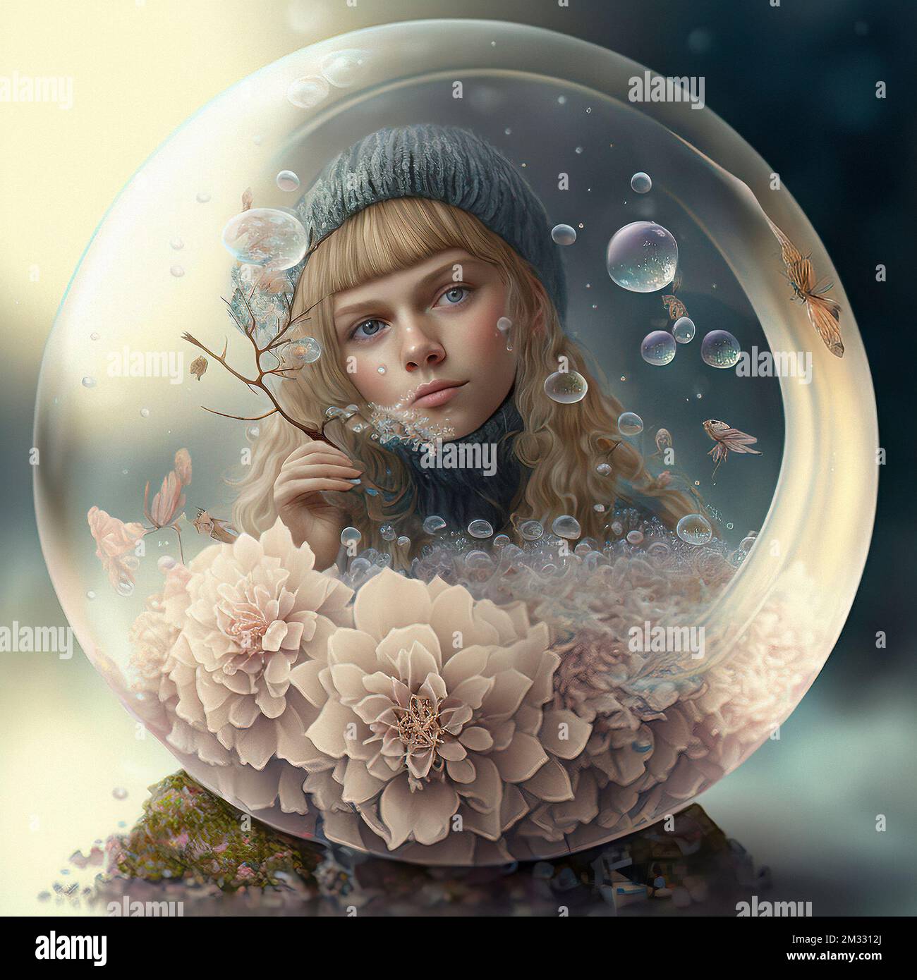 Fantasy Art Romantic Background With A Girl In A Bubble With Flowers
