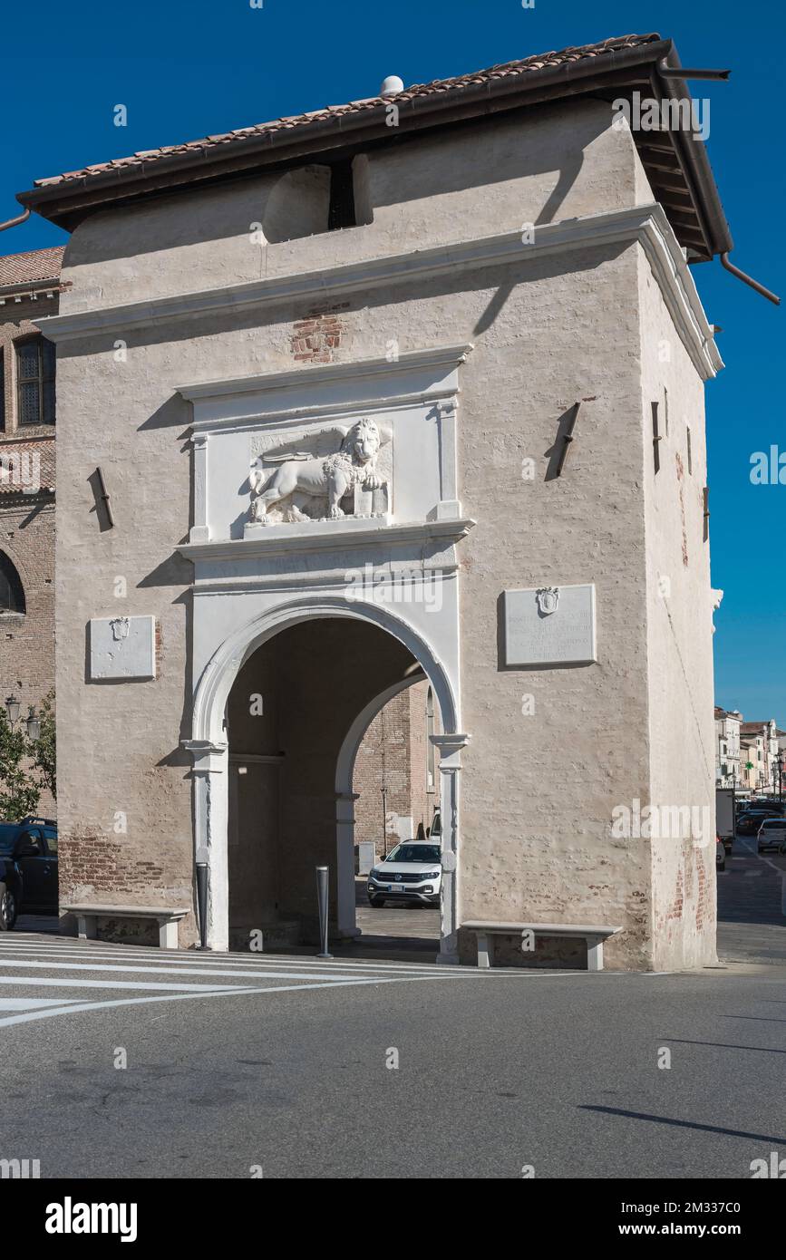 Porta Garibaldi Chioggia, view in summer of the old city gate sited at the southern end of the Corso del Popolo in Chioggia, Comune of Venice, Italy Stock Photo