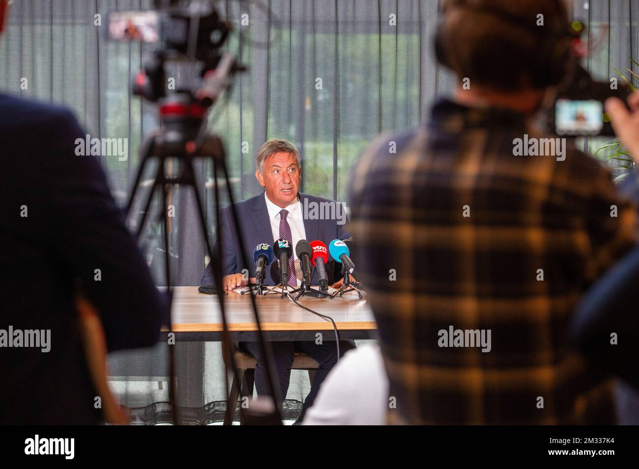 Flemish Minister President Jan Jambon pictured during a press conference concerning the 'Chovanec-case', in Brasschaat, Saturday 29 August 2020. Jambon, now Flemish Minister-President, was Federal Minister of the Interior at the time of the death of Slovakian citizen Jozef Chovanec in a police cell at BSCA Charleroi Airport in February 2018. Recently, the widow of Chovanec released video footage of police with the man is his cell, showing one officer dancing, another bringing a Hitler-greeting. The case is still under investigation. BELGA PHOTO NICOLAS MAETERLINCK Stock Photo
