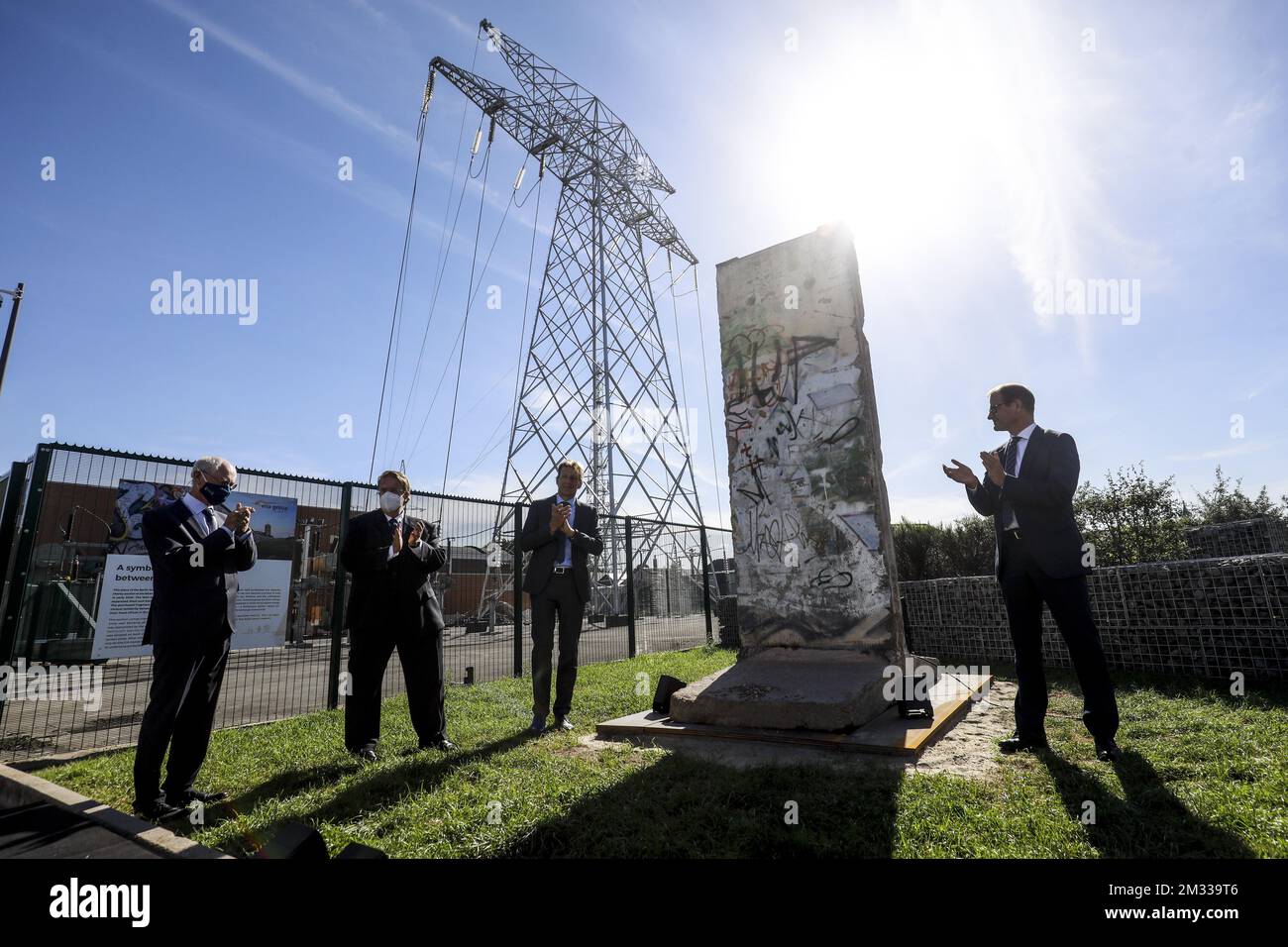 Former European Council president Herman Van Rompuy, Martin Kotthaus, German Ambassador, Chris Peeters, CEO of Elia and Stefan Kapferer, CEO de 50Hertz pictured during the inauguration of a peace of the Berlin Wall in Elia site in Brussels, Monday 07 September 2020. BELGA PHOTO THIERRY ROGE Stock Photo