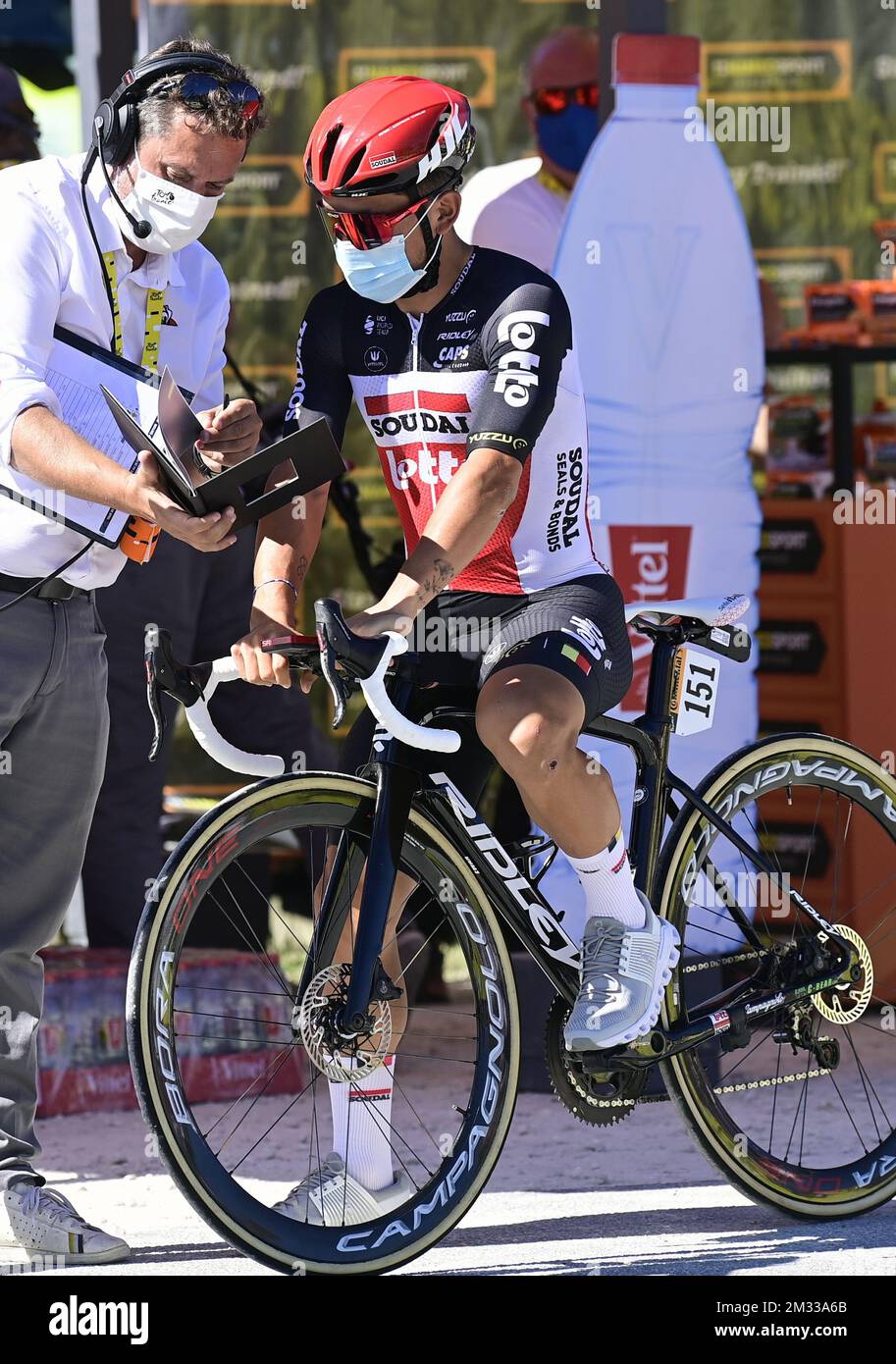 Caleb Ewan of Lotto Soudal pictured at the start of the ninth stage of the 107th edition of the Tour de France cycling race from Ile d'Oleron Le Chateau-d'Oleron to Ile de Re Saint-Martin-de-Re (168,5km), in France, Tuesday 08 September 2020. This year's Tour de France was postponed due to the worldwide Covid-19 pandemic. The 2020 race starts in Nice on Saturday 29 August and ends on 20 September. BELGA PHOTO POOL PETER DE VOECHT Stock Photo