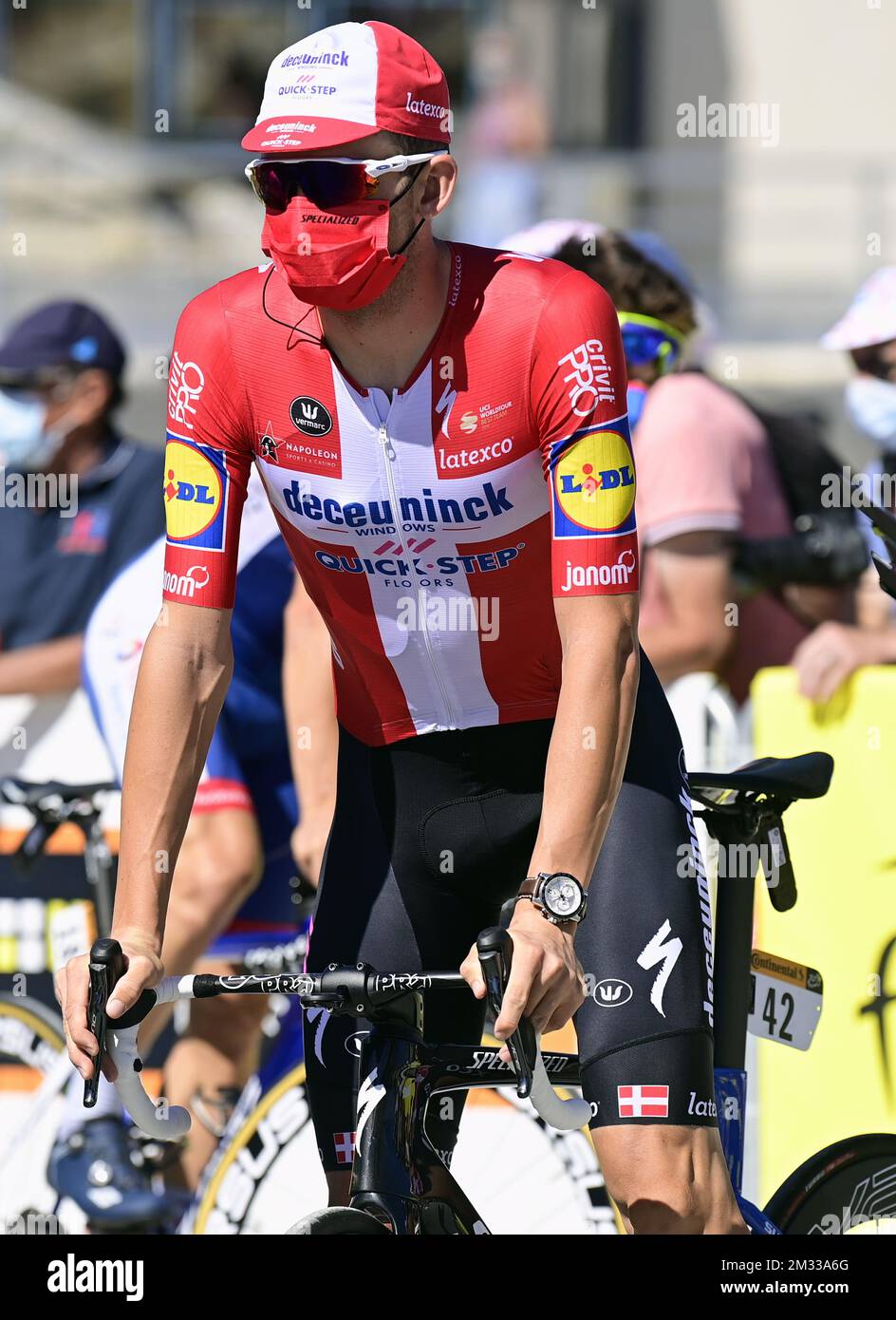 Kasper Asgreen of Deceuninck - Quick - Step pictured at the start of the ninth stage of the 107th edition of the Tour de France cycling race from Ile d'Oleron Le Chateau-d'Oleron to Ile de Re Saint-Martin-de-Re (168,5km), in France, Tuesday 08 September 2020. This year's Tour de France was postponed due to the worldwide Covid-19 pandemic. The 2020 race starts in Nice on Saturday 29 August and ends on 20 September. BELGA PHOTO POOL PETER DE VOECHT Stock Photo