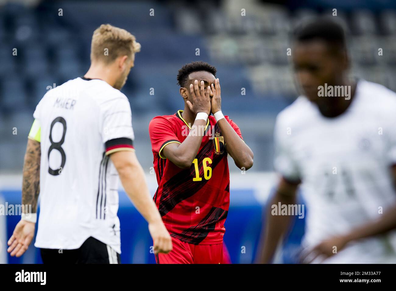 Belgium's Mike Tresor Ndayishimiye looks dejected during a game of the U21 Red Devils vs Germany, a qualification match for the 2021 European Championships U21, in Heverlee, Tuesday 08 September 2020. BELGA PHOTO JASPER JACOBS Stock Photo