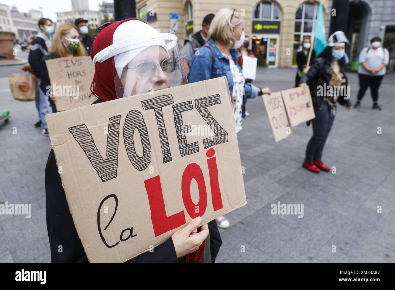 Activists take part in a protest of far left party PVDA-PTB and its women's wing Marianne, to protest against the political haggling with the right to have an abortion, in the Brussels city center, Tuesday 08 September 2020. BELGA PHOTO THIERRY ROGE Stock Photo