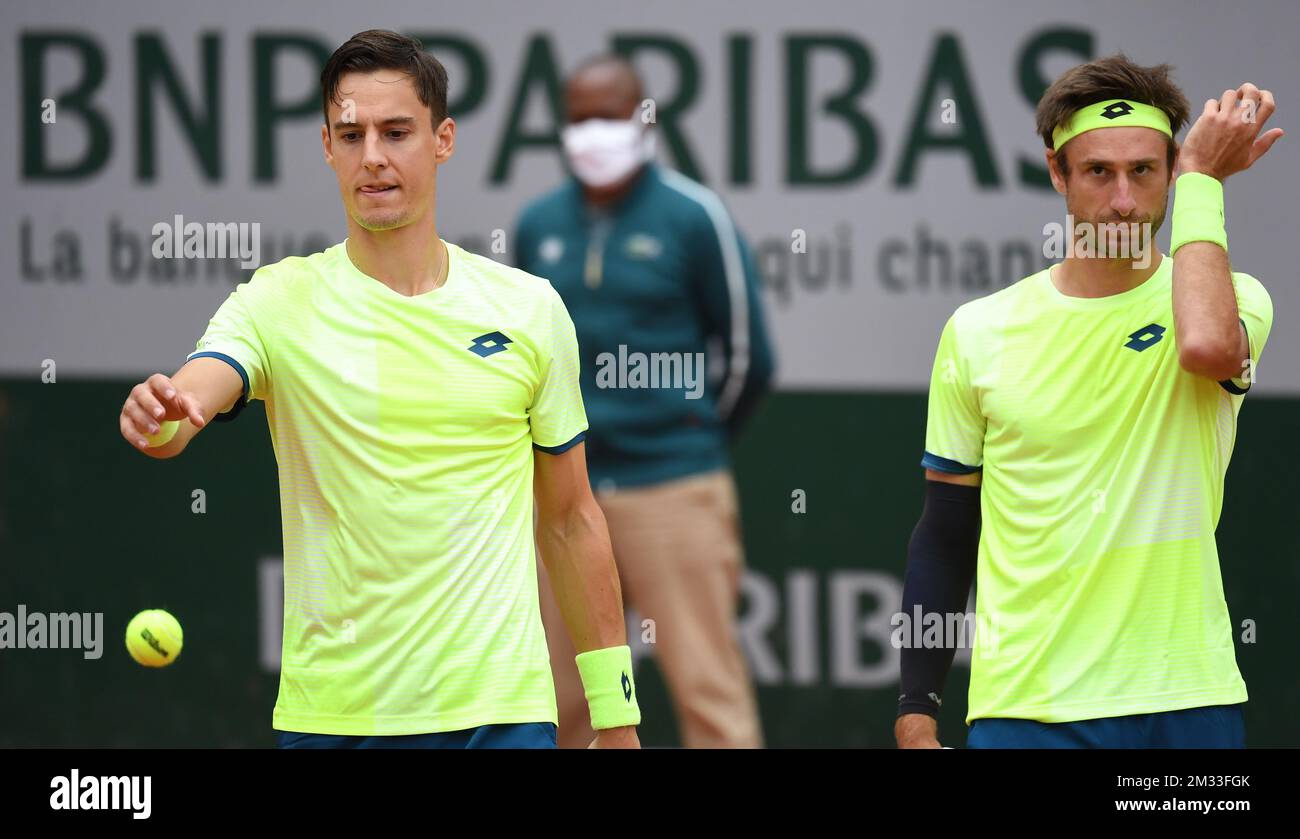 Belgian Joran Vliegen and Sander Gille pictured during the game of Belgian  Vliegen and Gille vs Monegasque Nys and Argentine Molteni in the men's  doubles first round at the Roland Garros French