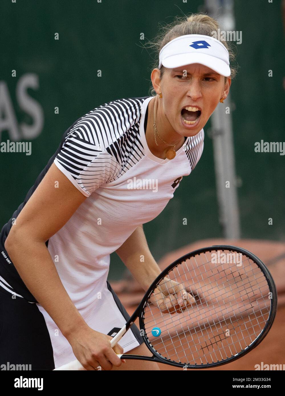Belgian Elise Mertens celebrates during a tennis match against Estonian  Kanepi in the women's singles second round at the Roland Garros French Open  tennis tournament, in Paris, France, Wednesday 30 September 2020.