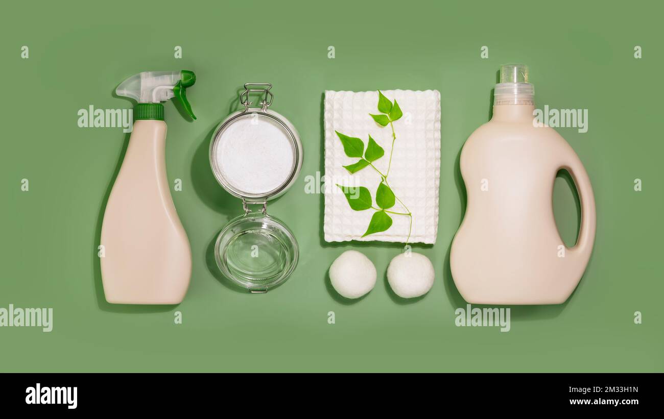 Natural laundry detergent mockup. Eco friendly washing concept with bottles of washing gel, fabric softener and stain remover, washing powder and laun Stock Photo