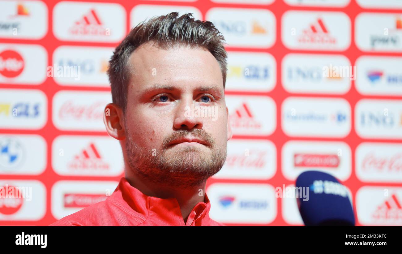 Belgium's goalkeeper Simon Mignolet pictured during a press conference of the Belgian national soccer team Red Devils, part of the preparations for the upcoming games, Wednesday 07 October 2020 in Tubize. Tomorrow the team will meet Ivory Coast in a friendly fixture, later they'll be playing two European Cup 2020 qualification games against England and Iceland. BELGA PHOTO BRUNO FAHY Stock Photo