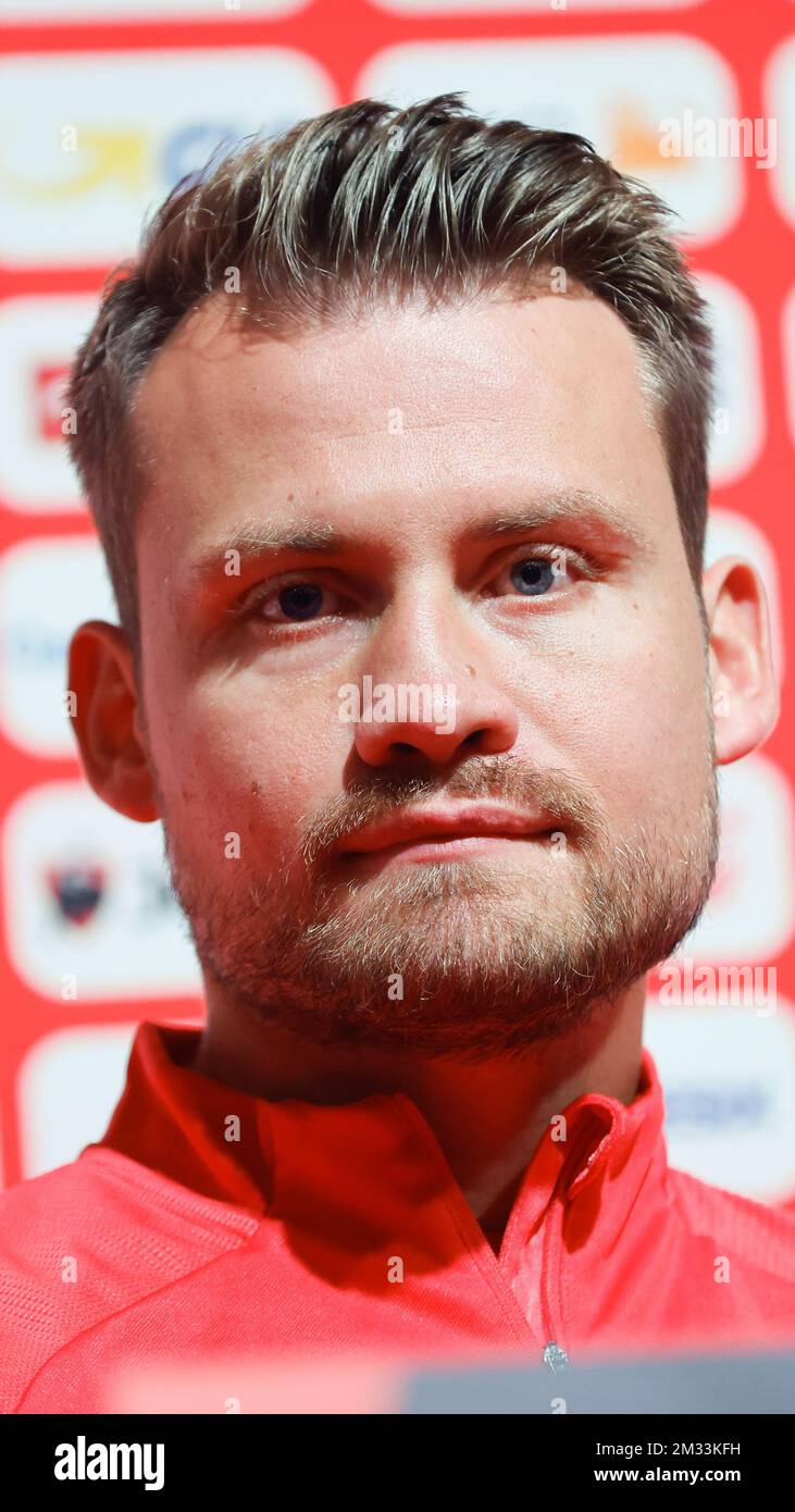 Belgium's goalkeeper Simon Mignolet pictured during a press conference of the Belgian national soccer team Red Devils, part of the preparations for the upcoming games, Wednesday 07 October 2020 in Tubize. Tomorrow the team will meet Ivory Coast in a friendly fixture, later they'll be playing two European Cup 2020 qualification games against England and Iceland. BELGA PHOTO BRUNO FAHY Stock Photo