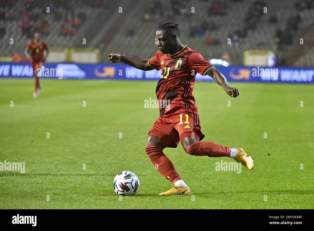 Belgium's Jeremy Doku in action with the ball at a friendly game between the Belgian national soccer team Red Devils and Ivory Coast, Thursday 08 October 2020 in Brussels. BELGA PHOTO DIRK WAEM  Stock Photo