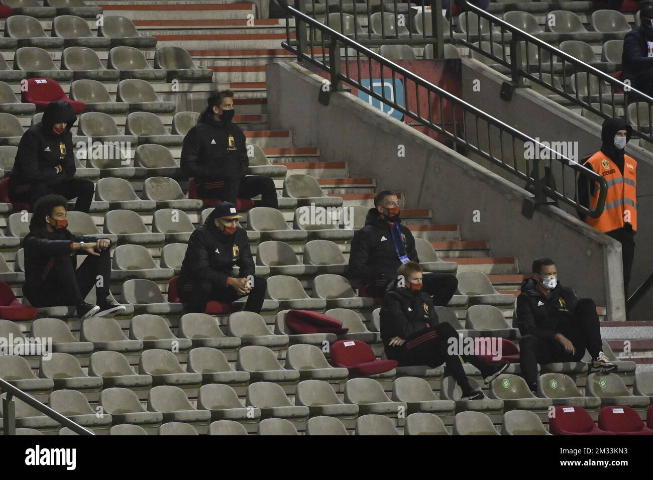 Belgium's players seen in the stands at a friendly game between the Belgian national soccer team Red Devils and Ivory Coast, Thursday 08 October 2020 in Brussels. BELGA PHOTO DIRK WAEM  Stock Photo