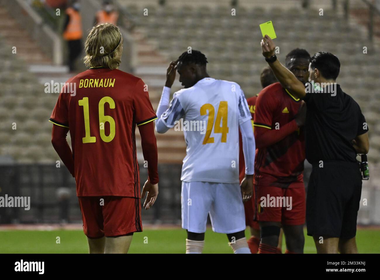 Referee Dutch Serdar Gozubuyuk gives a yellow card at a friendly game between the Belgian national soccer team Red Devils and Ivory Coast, Thursday 08 October 2020 in Brussels. BELGA PHOTO DIRK WAEM  Stock Photo