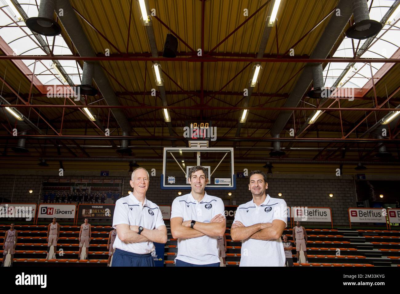 assistant coach Fred Young, Head coach Ian Hanavan and assisten coach Phivos Livaditis pose at a photoshoot of Belgian Basketball team Phoenix Brussels, ahead of the 2020-2021 EuroMillions League, Friday 09 October 2020 in Brussels. BELGA PHOTO JASPER JACOBS Stock Photo