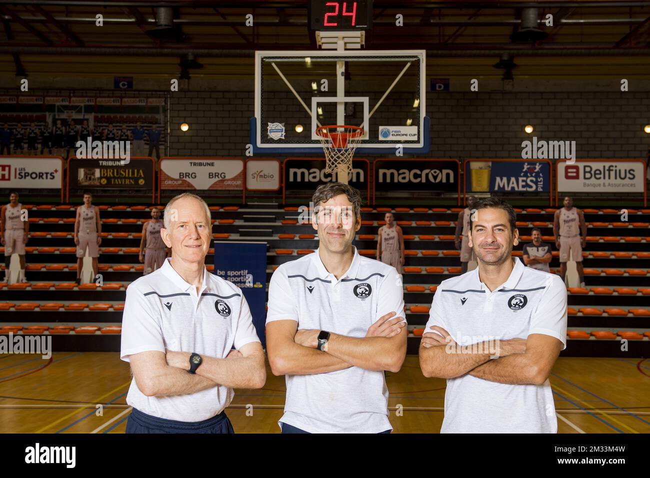 assistant coach Fred Young, Head coach Ian Hanavan and assisten coach Phivos Livaditis pose at a photoshoot of Belgian Basketball team Phoenix Brussels, ahead of the 2020-2021 EuroMillions League, Friday 09 October 2020 in Brussels. BELGA PHOTO JASPER JACOBS Stock Photo
