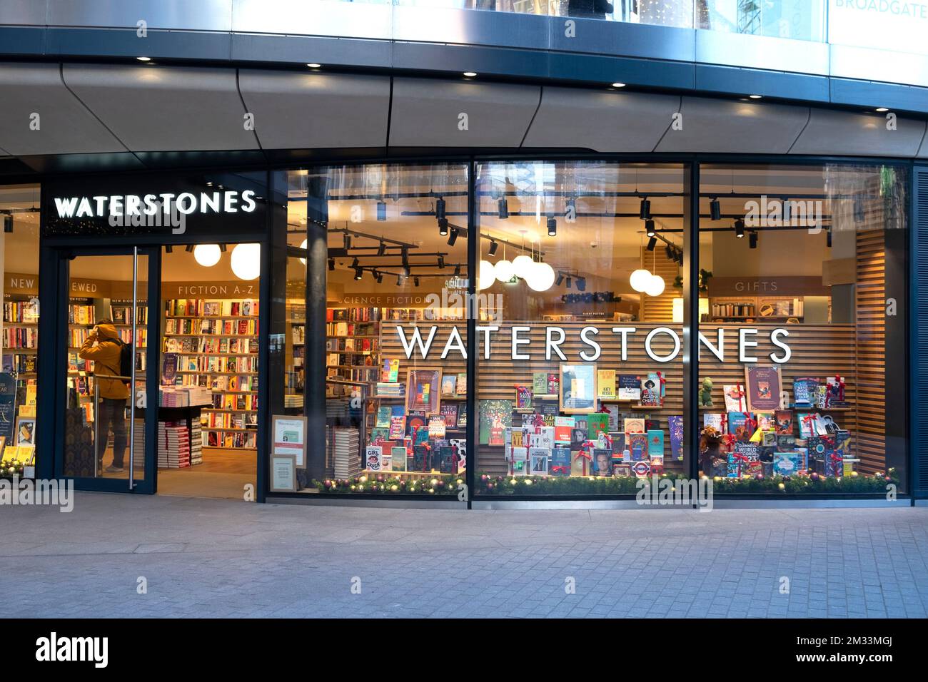 Books on display at Christmastime Christmas Xmas in Waterstones book shop window at Broadgate Circle new store 2022 London England UK  KATHY DEWITT Stock Photo