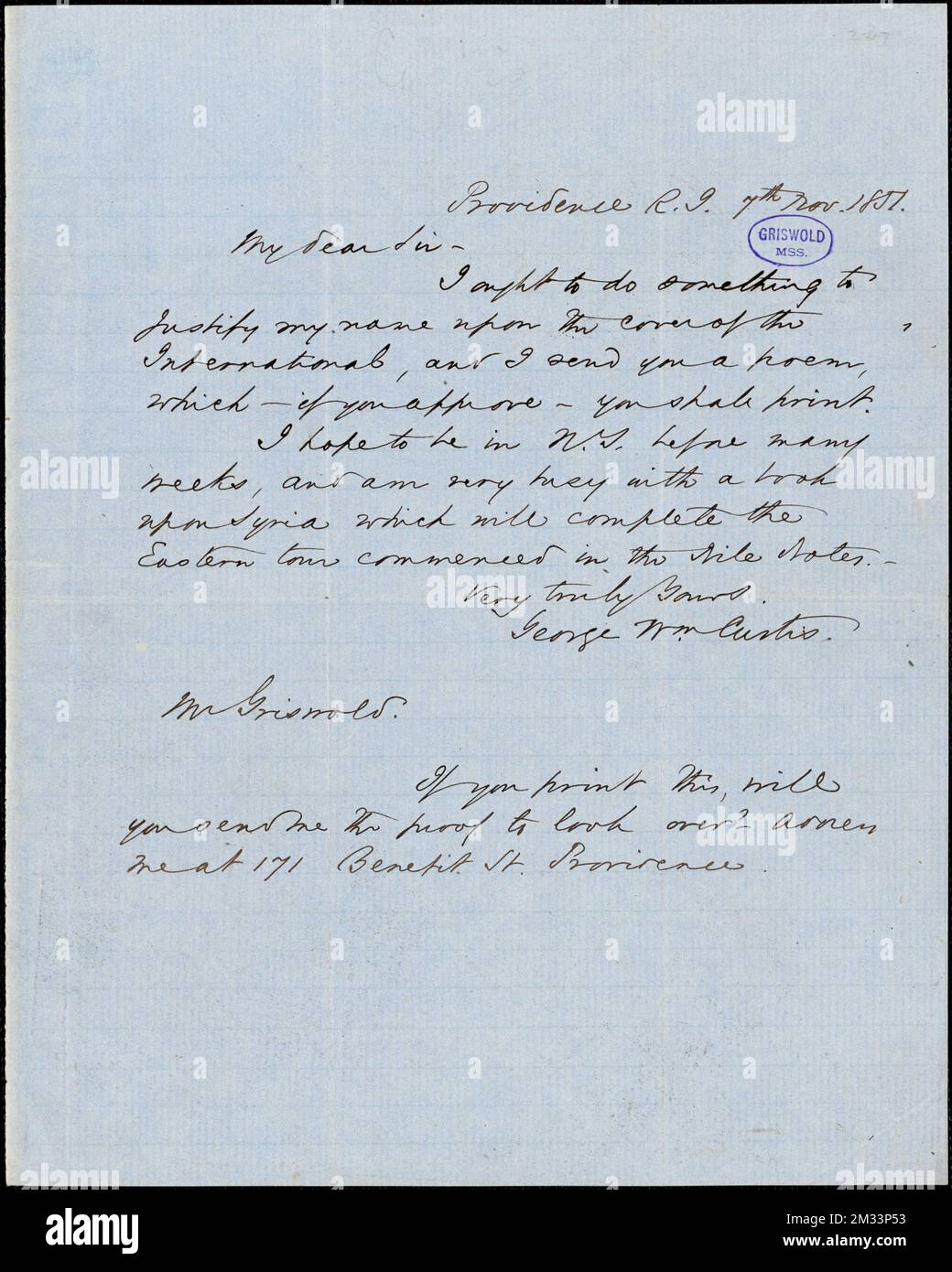 George William Curtis, Providence, RI., autograph letter signed to R. W. Griswold, 7 November 1851 , American literature, 19th century, History and criticism, Authors, American, 19th century, Correspondence, Authors and publishers, Poets, American, 19th century, Correspondence. Rufus W. Griswold Papers Stock Photo