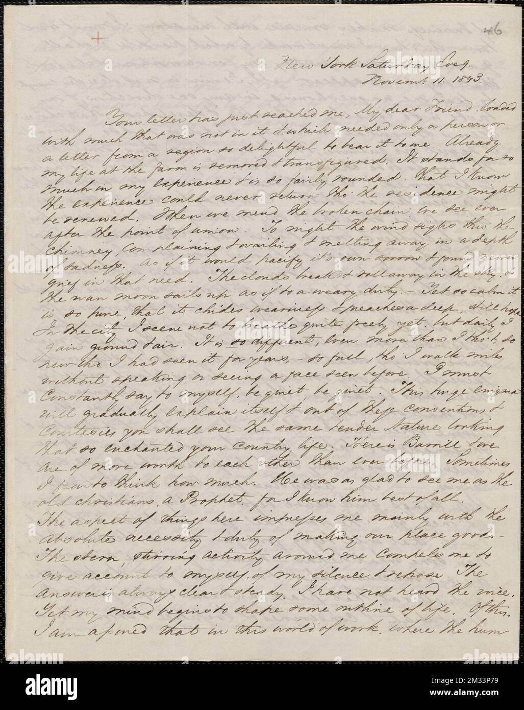 George William Curtis autograph letter signed to John Sullivan Dwight, New York, November 11, 1843 , Brook Farm Phalanx West Roxbury, Boston, Mass.. John Sullivan Dwight correspondence regarding Brook Farm Stock Photo