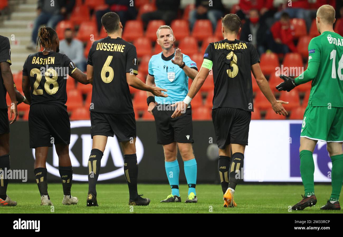 Referee Jakob Kehlet gestures during a soccer match between Belgian team Standard de Liege and Scottish club Rangers FC, Thursday 22 October 2020 in Liege, on the first day of the group phase (group D) of the UEFA Europa League competition. BELGA PHOTO VIRGINIE LEFOUR Stock Photo
