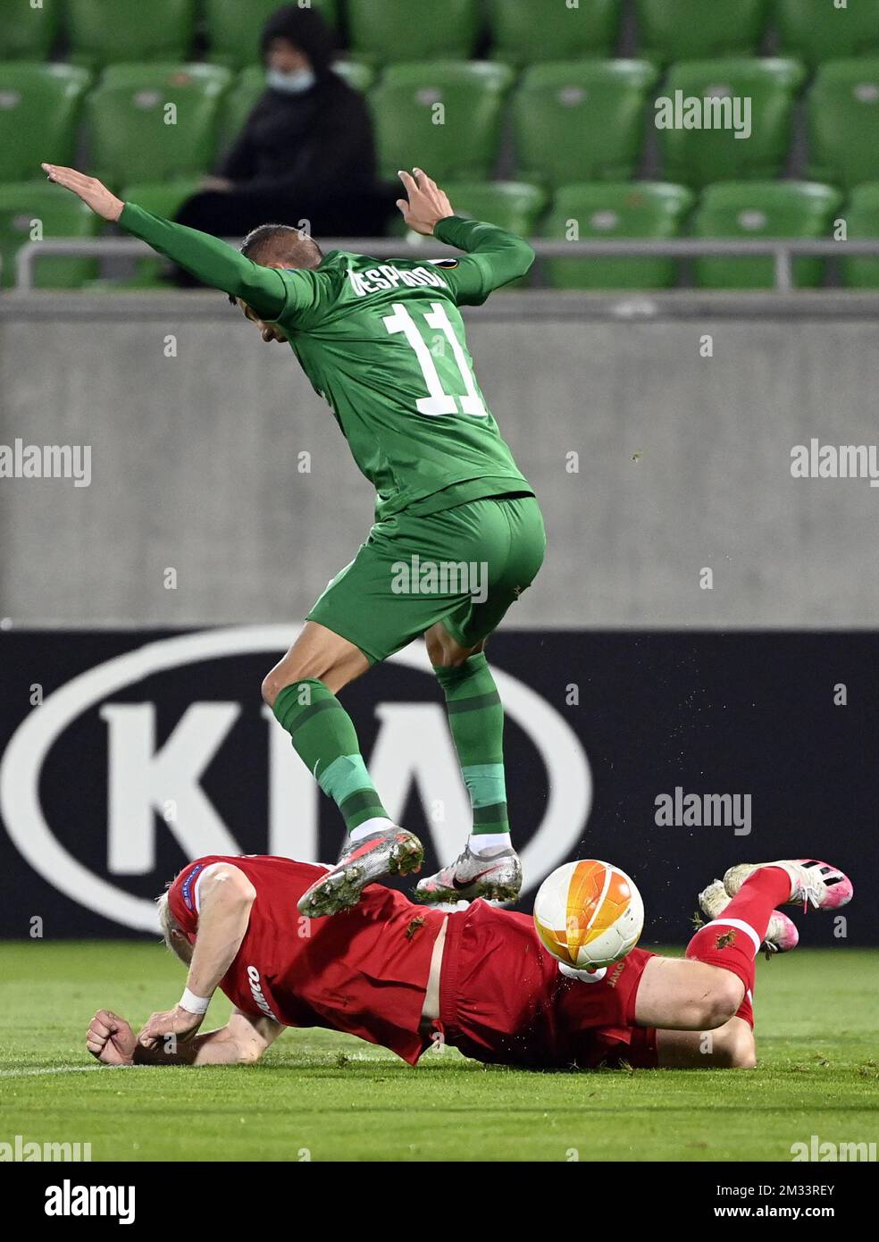 Ludogorets' Kiril Despodov and Antwerp's Simen Juklerod pictured during a soccer match between Bulgarian club PFK Ludogorets and Belgian team Royal Antwerp FC, Thursday 22 October 2020, in Razgrad, Bulgaria, on the first day of the group phase (group J) of the UEFA Europa League competition. BELGA PHOTO DIRK WAEM Stock Photo
