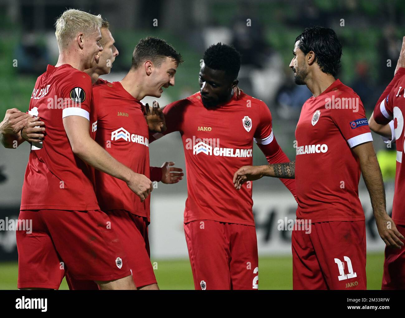 Antwerp's Pieter Gerkens celebrates after scoring during a soccer match between Bulgarian club PFK Ludogorets and Belgian team Royal Antwerp FC, Thursday 22 October 2020, in Razgrad, Bulgaria, on the first day of the group phase (group J) of the UEFA Europa League competition. BELGA PHOTO DIRK WAEM Stock Photo