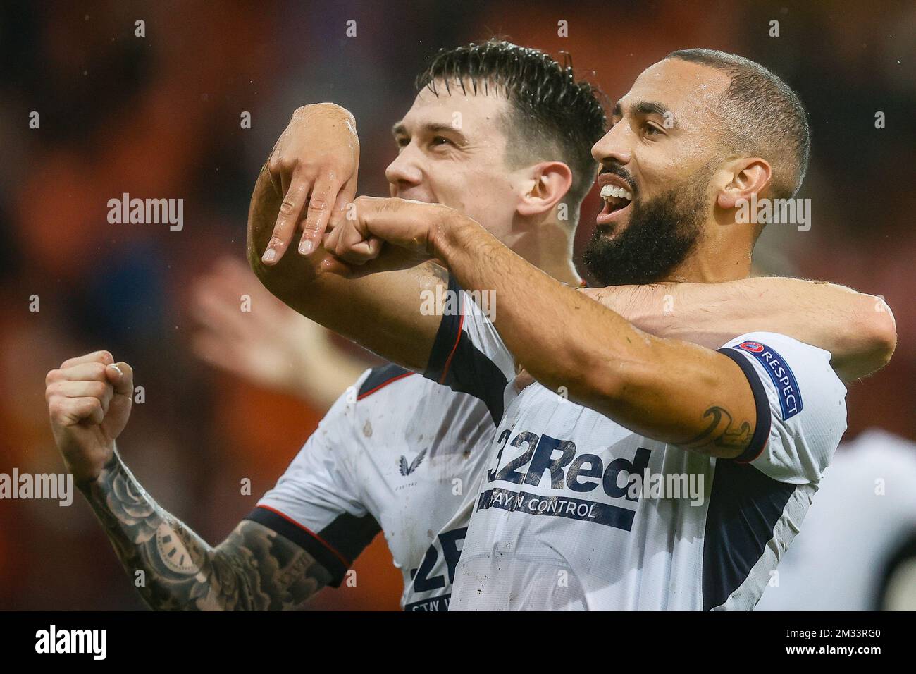 Rangers' Kemar Roofe celebrates after scoring during a soccer match between Belgian team Standard de Liege and Scottish club Rangers FC, Thursday 22 October 2020 in Liege, on the first day of the group phase (group D) of the UEFA Europa League competition. BELGA PHOTO BRUNO FAHY Stock Photo