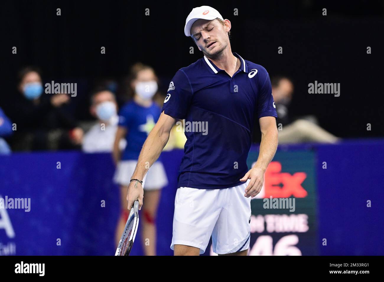 ATTENTION EDITORS - HAND OUT - EDITORIAL USE ONLY - NO SALES - NO MARKETING - Belgian David Goffin looks dejected during the match between Belgian Goffin and US Giron, in the second round of the men's singles competition at the European Open Tennis ATP tournament, in Antwerp, Thursday 22 October 2020. BELGA PHOTO LAURIE DIEFFEMBACQ Stock Photo