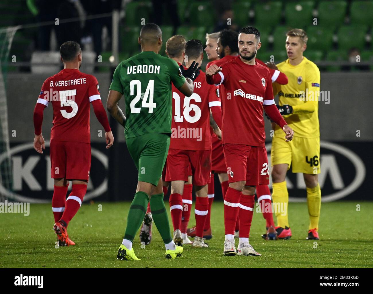 Antwerp's Jeremy Gelin pictured during a soccer match between Bulgarian club PFK Ludogorets and Belgian team Royal Antwerp FC, Thursday 22 October 2020, in Razgrad, Bulgaria, on the first day of the group phase (group J) of the UEFA Europa League competition. BELGA PHOTO DIRK WAEM Stock Photo