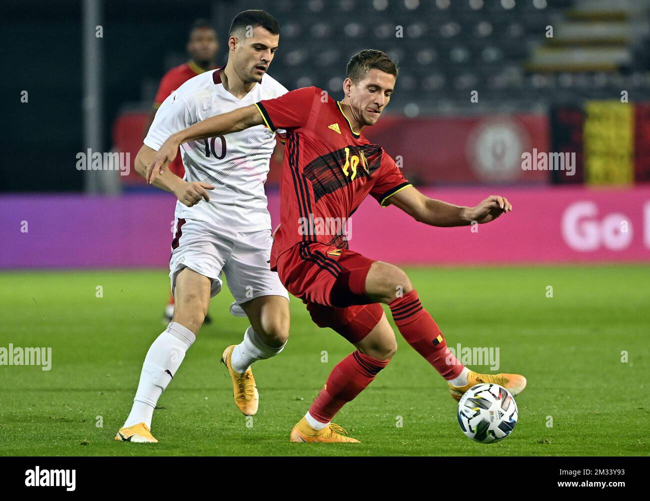 Swiss captain Granit Xhaka and Belgium's Dennis Praet pictured in action during a friendly soccer game between the Belgian national team Red Devils and Switzerland, Wednesday 11 November 2020 in Leuven. BELGA PHOTO DIRK WAEM Stock Photo