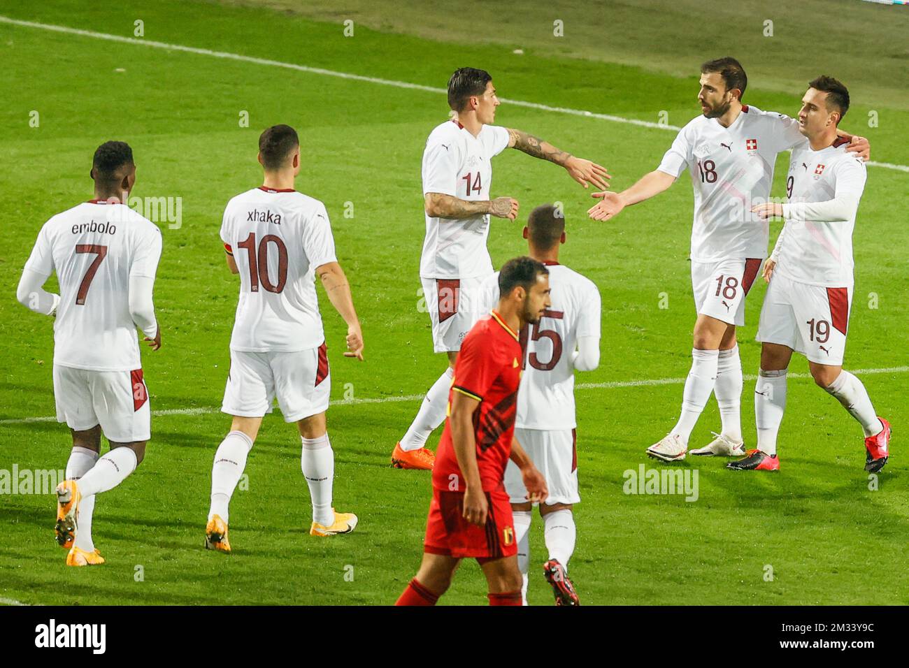 Swiss Admir Mehmedi celebrates after scoring during a friendly soccer game between the Belgian national team Red Devils and Switzerland, Wednesday 11 November 2020 in Leuven. BELGA PHOTO BRUNO FAHY Stock Photo