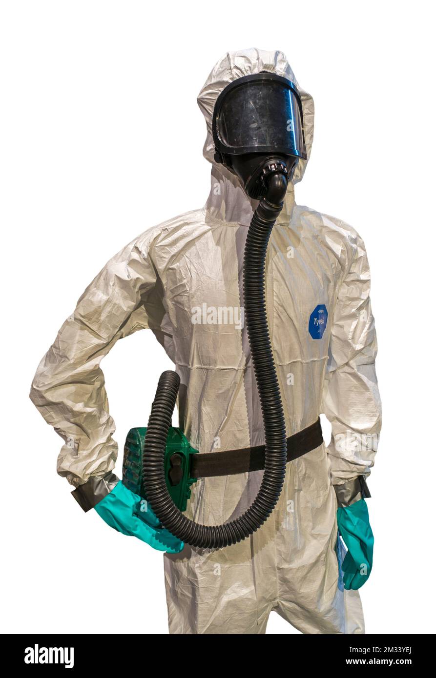 Personal Protective Equipment / PPE protective clothing with respirator with FFP3 filter for asbestos removal against white background Stock Photo