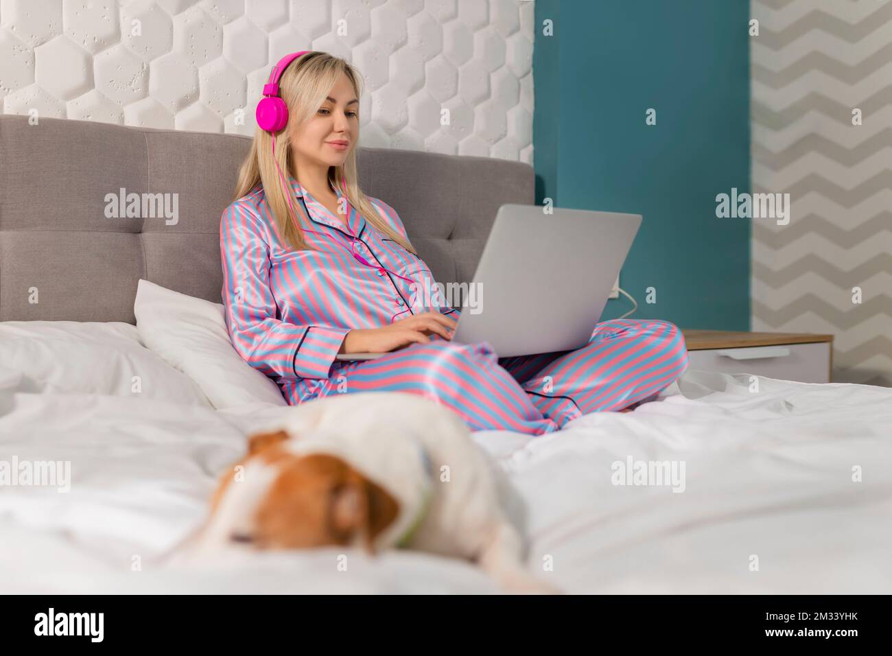 A girl with a dog watching a movie on a laptop with headphones. Pets and pet friends for people Stock Photo