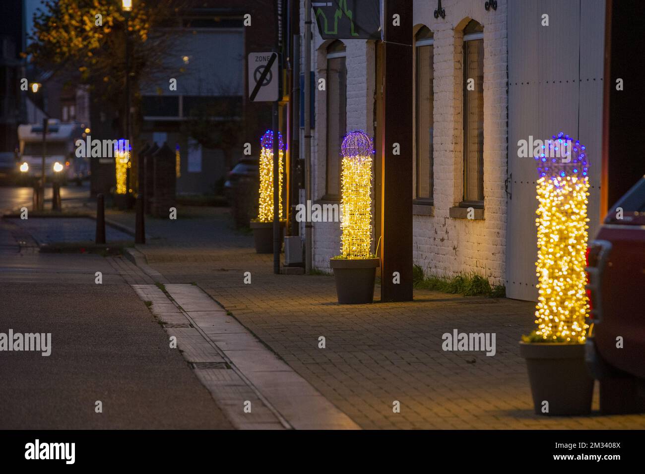 Illustration picture shows the phallic-shaped Christmas lights in Oudenburg, West-Flanders province, Friday 20 November 2020. The lights were supposed to resemble candles but with the blue dome shape on the top they look more like male genitalia. BELGA PHOTO NICOLAS MAETERLINCK Stock Photo