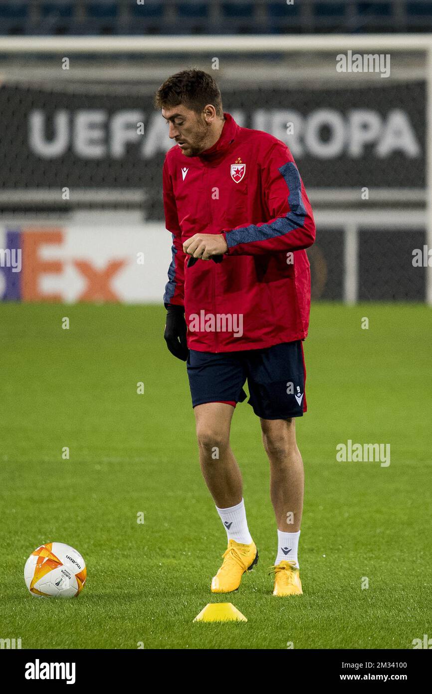Belgrade's Milan Pavkov pictured in action during a training session of Serbian club Crvena Zvezda (Red Star Belgrade), Wednesday 25 November 2020, in Gent. Tomorrow KAA Gent will meet Serbian club Crvena Zvezda in the fourth day of the group phase (group L) of the UEFA Europa League competition. BELGA PHOTO JASPER JACOBS Stock Photo