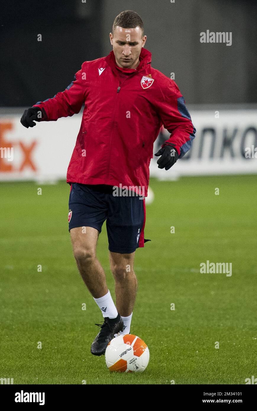 Belgrade's Veljko Simic pictured in action during a training session of Serbian club Crvena Zvezda (Red Star Belgrade), Wednesday 25 November 2020, in Gent. Tomorrow KAA Gent will meet Serbian club Crvena Zvezda in the fourth day of the group phase (group L) of the UEFA Europa League competition. BELGA PHOTO JASPER JACOBS Stock Photo