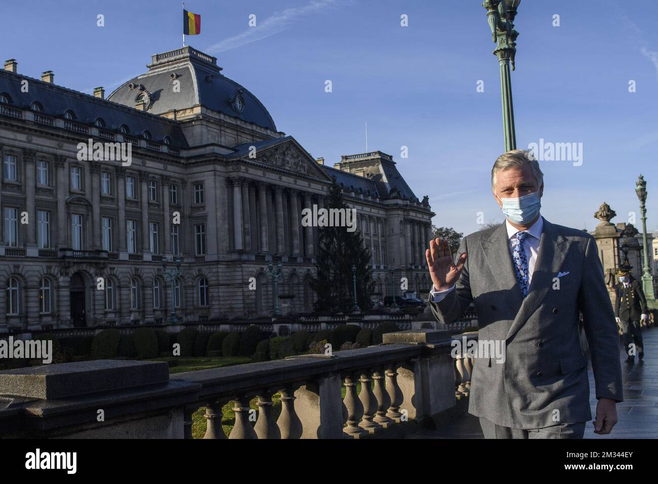Brussels, Belgium - December 16 : His Majesty the King Philippe photographed in front of the royal palace, before the award ceremony of the Francqui-Collen Prize. His Majesty the King presents the Prix Francqui-Collen 2020 in biological and medical science to Professor CÃ©dric BLANPAIN of the UniversitÃ© Libre de Bruxelles (ULB) and Professor Bart LOEYS of the Universiteit Antwerpen, at the Palais des AcadÃ©mies in Brussels. December 16, 2020 in Brussels, Belgium, 16/12/2020 ( Photo by Christophe Licoppe / Photonews  Stock Photo
